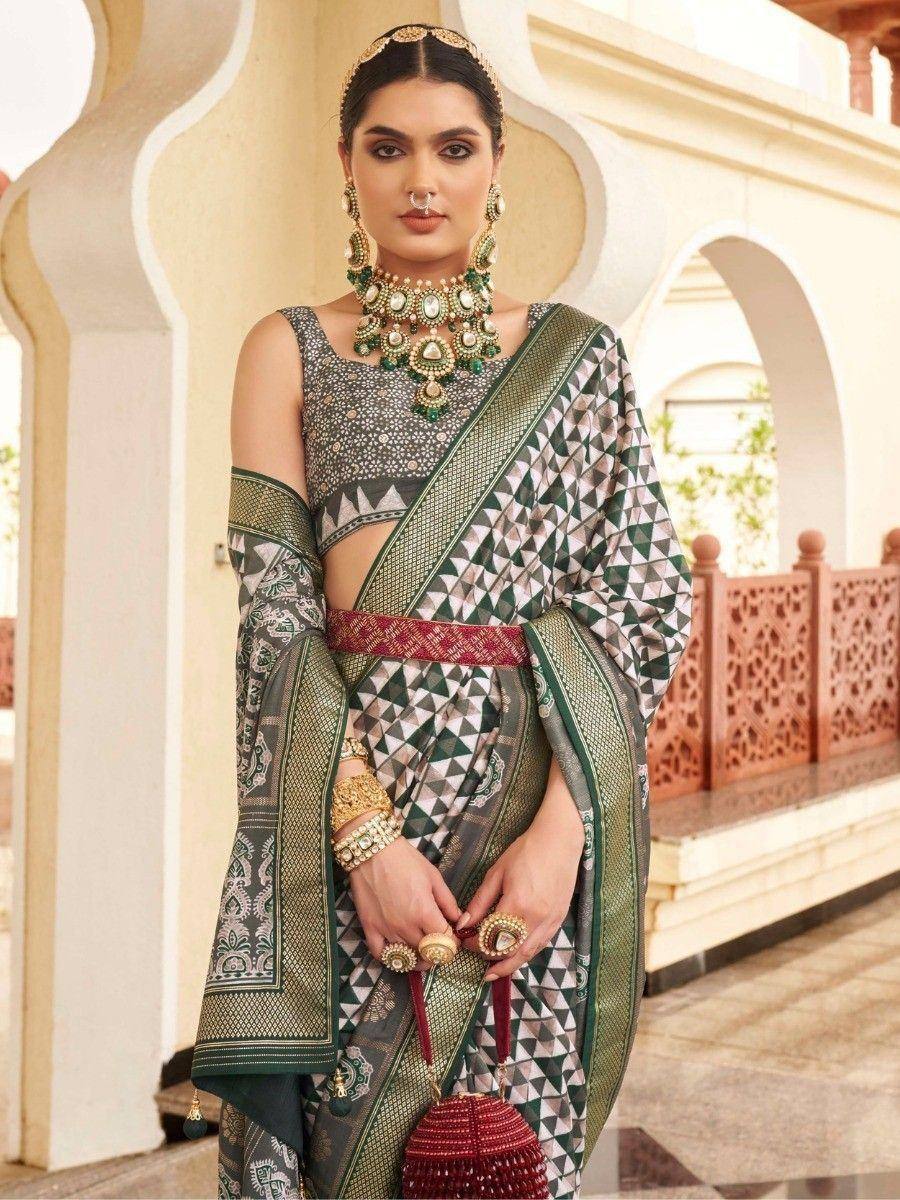 Green and white geometric print saree with embroidered blouse, traditional Indian ethnic wear