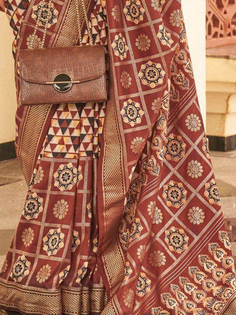 Amazing Brown Digital Printed Silk Function Wear Saree With Blouse