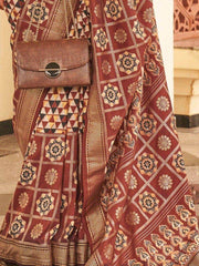 Amazing Brown Digital Printed Silk Function Wear Saree With Blouse