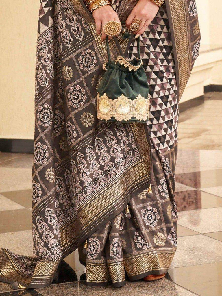 Beautiful Grey Digital Printed Silk Festival Wear Saree With Blouse