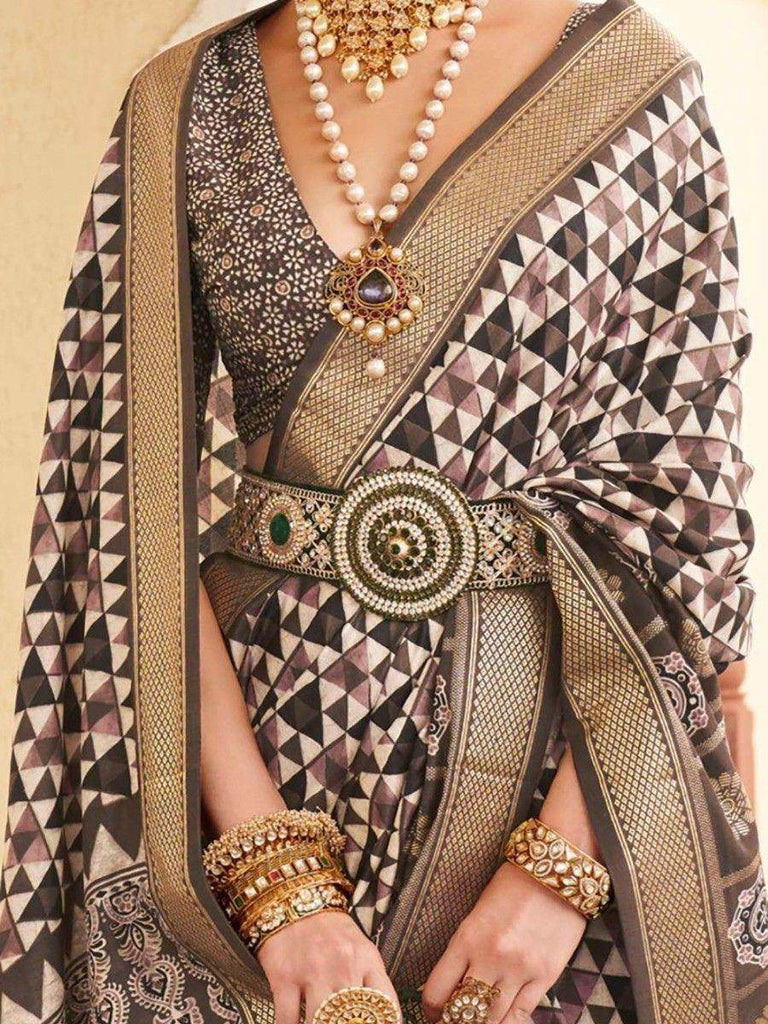 Beautiful Grey Digital Printed Silk Festival Wear Saree With Blouse