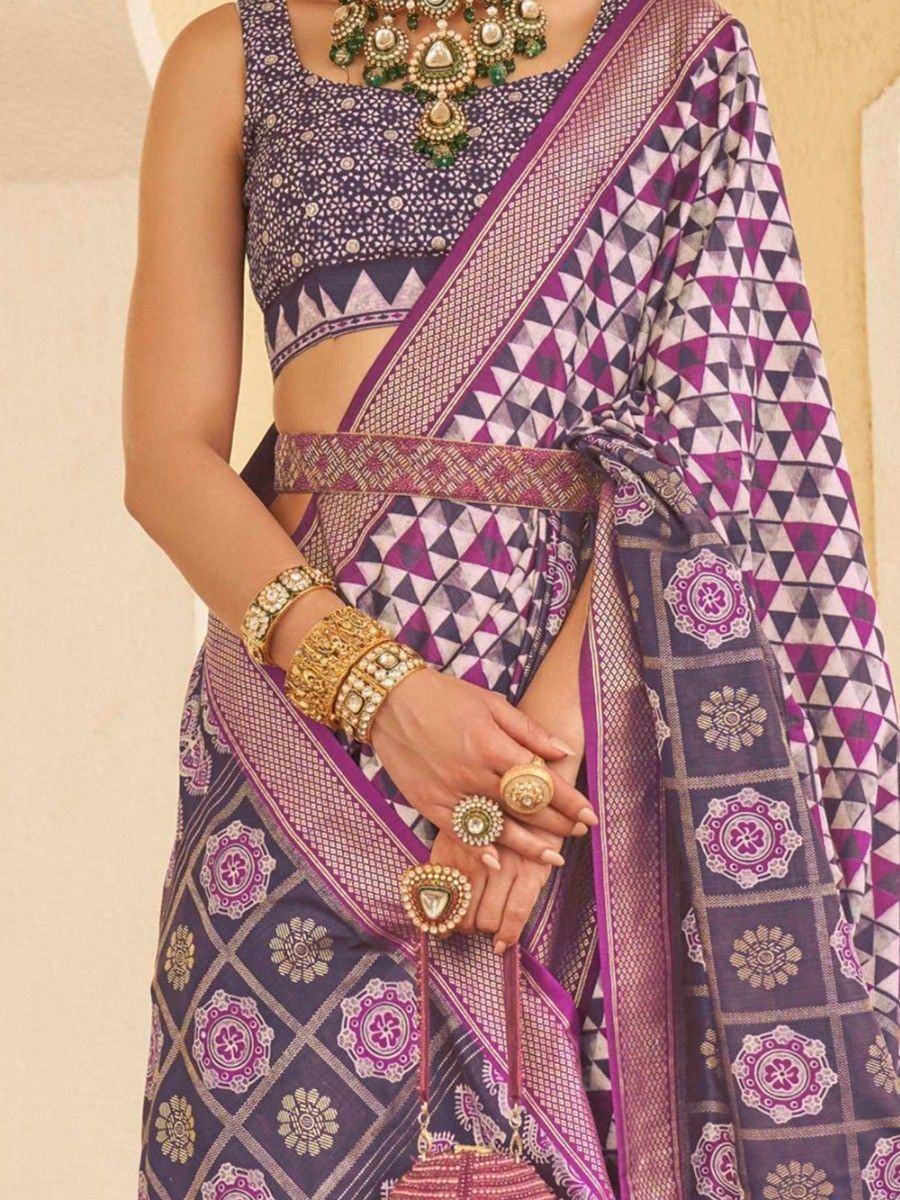 Purple and gold geometric print saree with matching blouse, traditional Indian ethnic wear