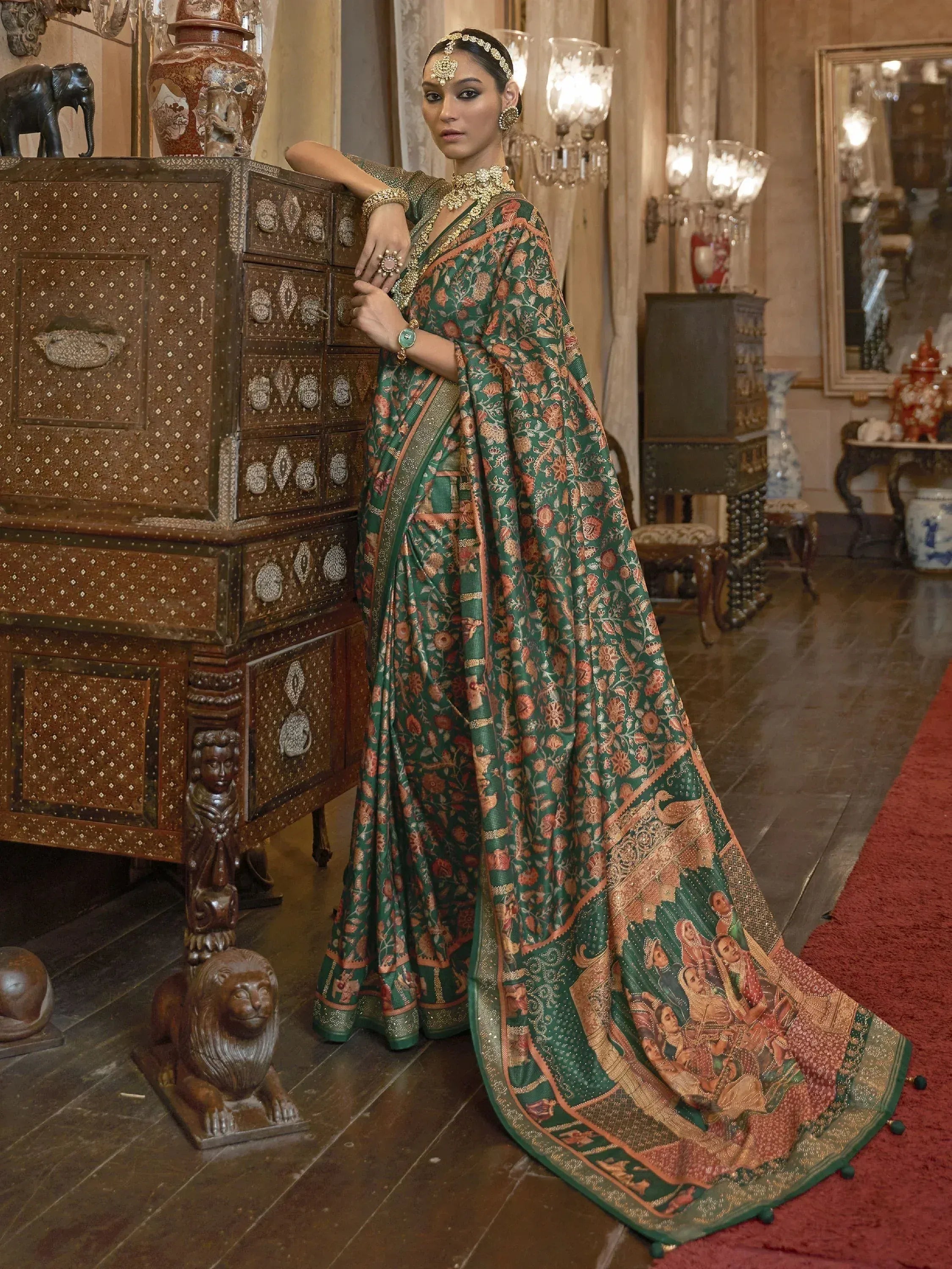 Elegant green floral saree with intricate border, perfect for Indian ethnic wear occasions