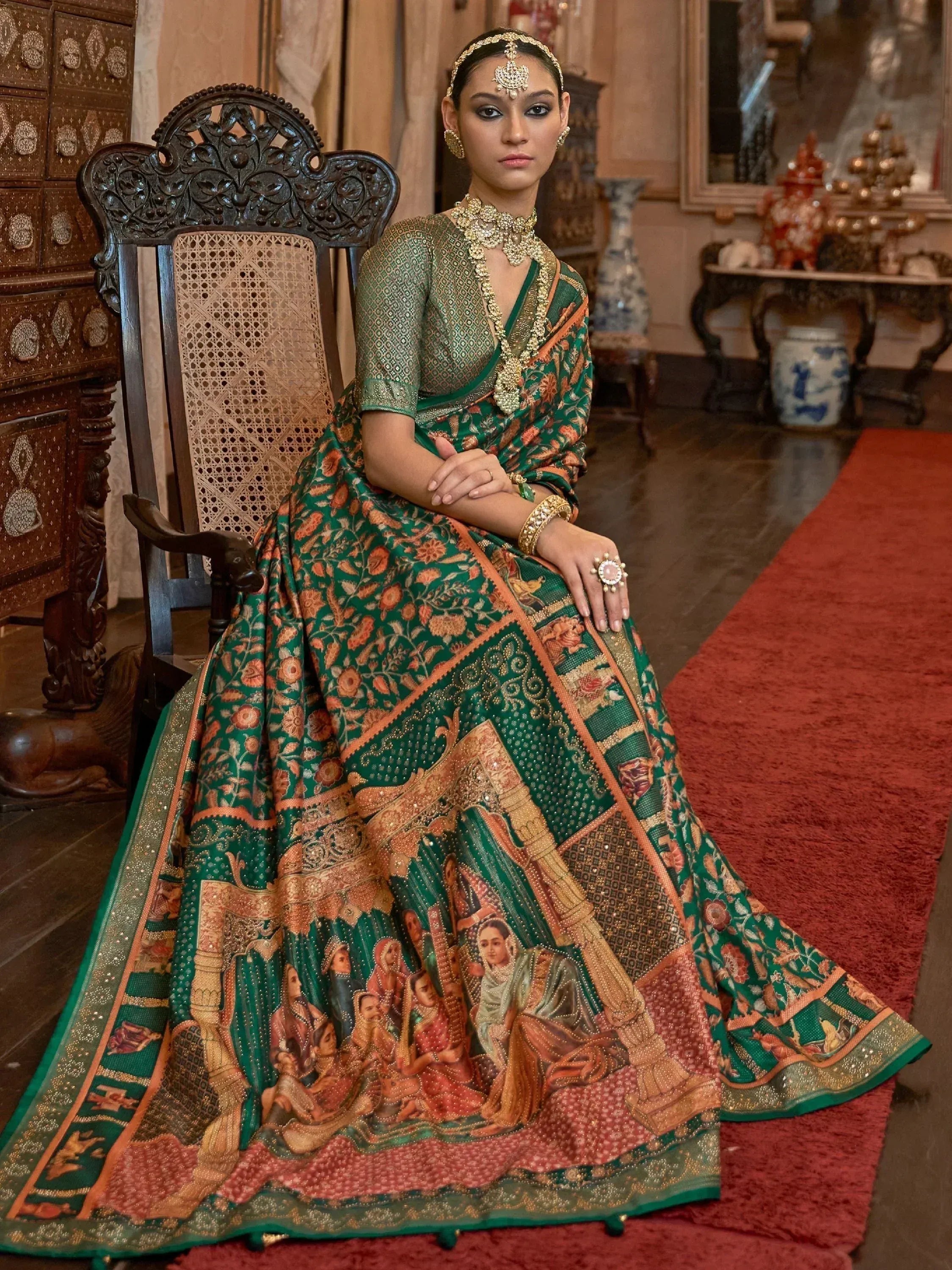 Elegant green floral lehenga choli with intricate embroidery and traditional Indian jewelry, perfect for weddings and festivals.