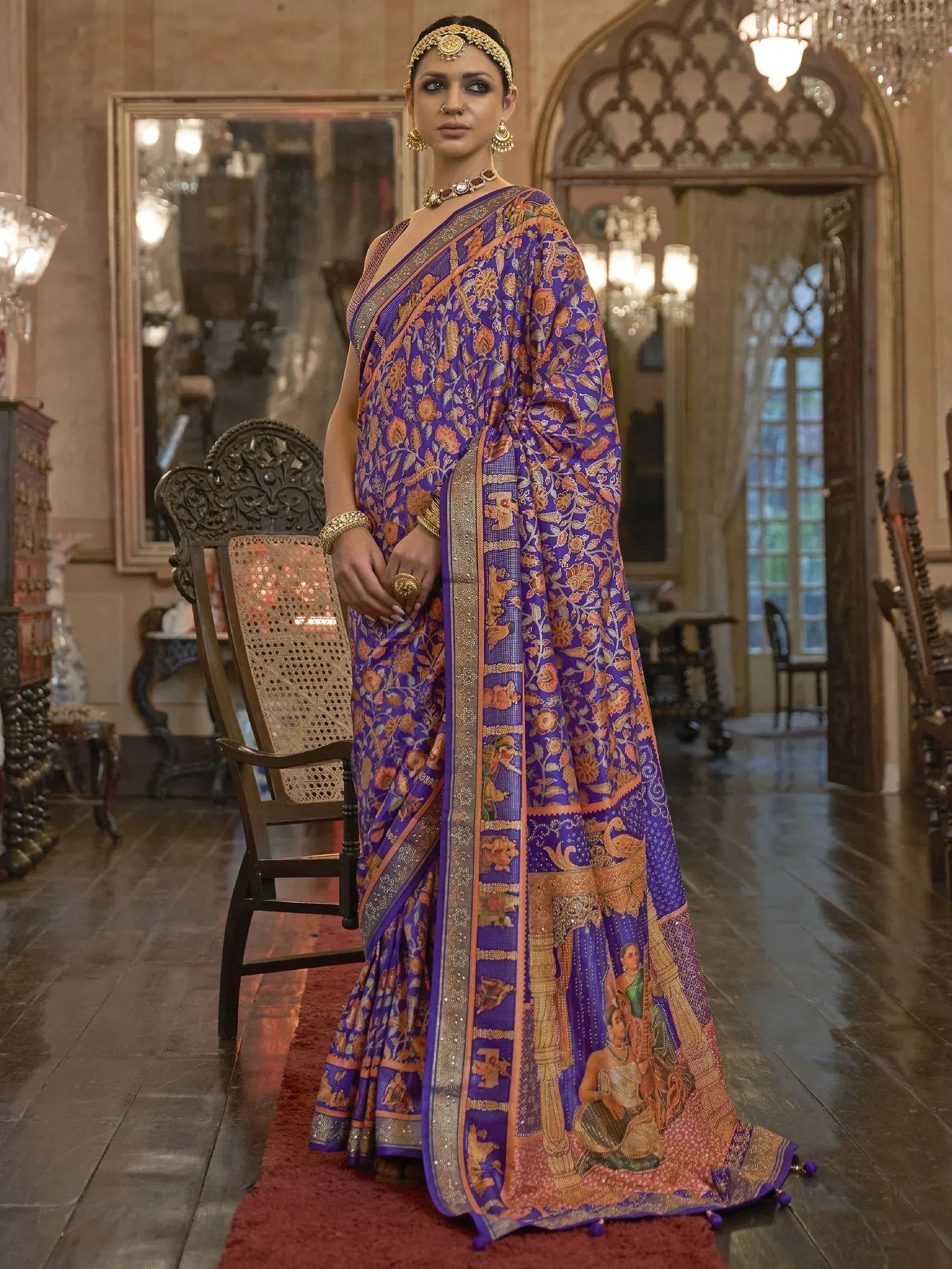 Purple floral saree with gold temple border, Indian ethnic wear for weddings and festivals
