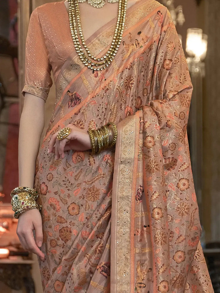 Charming Peach Printed Patola Silk Wedding Saree With Blouse