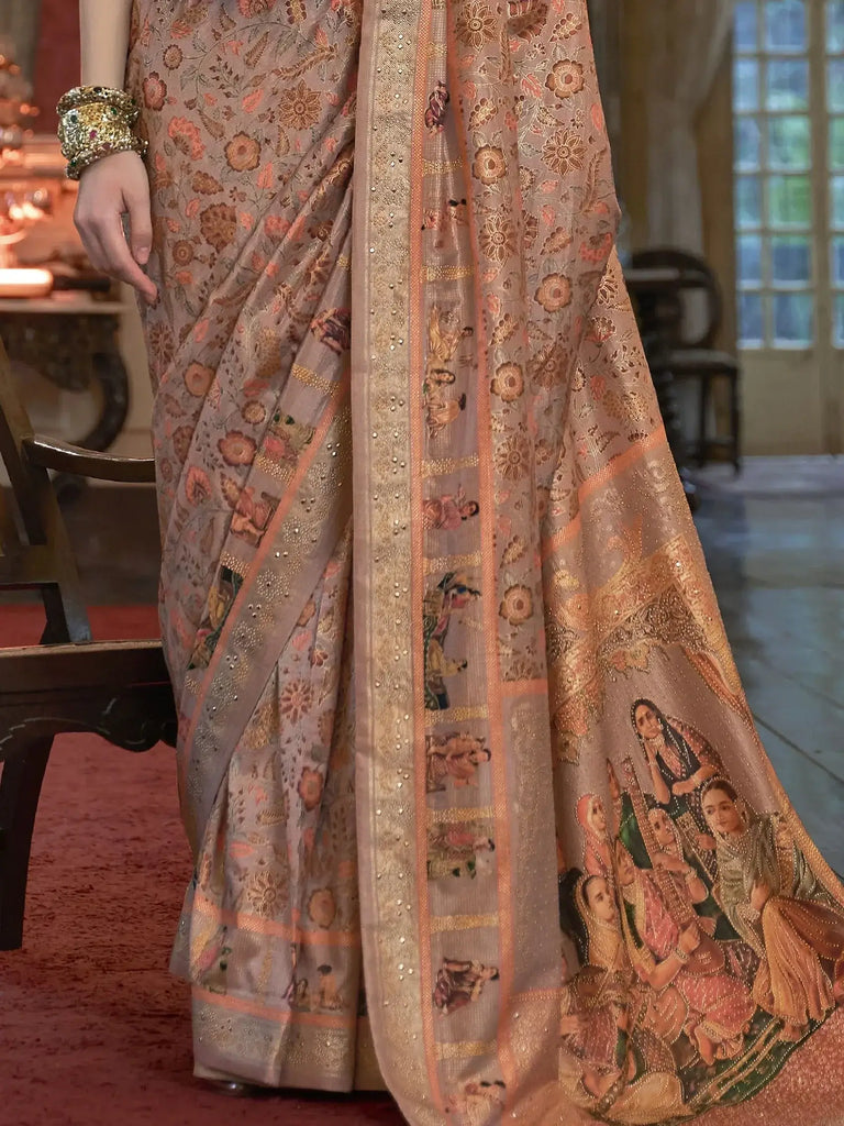 Charming Peach Printed Patola Silk Wedding Saree With Blouse