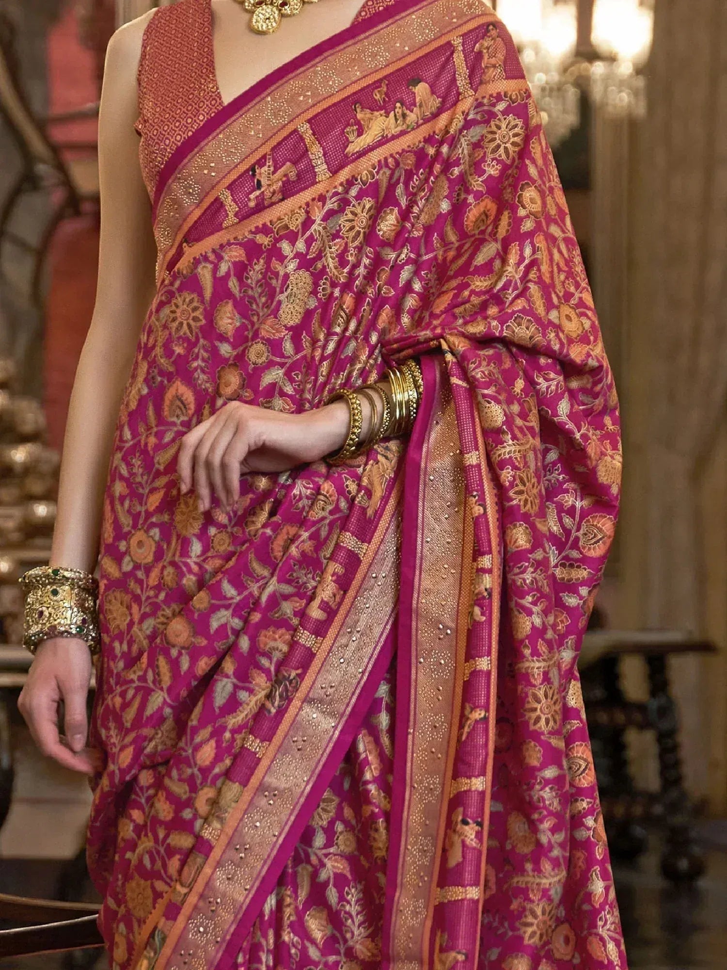 Fascinating Pink Printed Patola Silk Traditional Saree With Blouse
