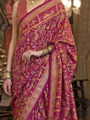 Fascinating Pink Printed Patola Silk Traditional Saree With Blouse