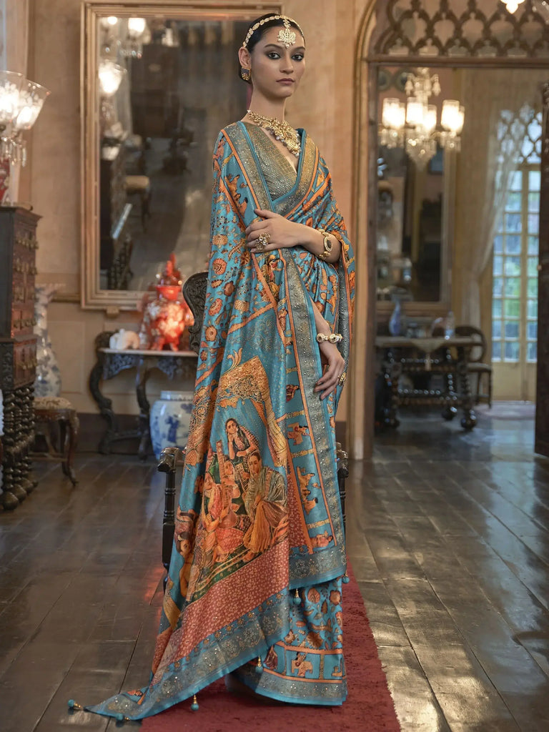 Mesmerizing Sky-Blue Printed Patola Silk Event Wear Saree With Blouse