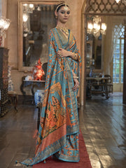 Mesmerizing Sky-Blue Printed Patola Silk Event Wear Saree With Blouse