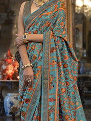 Mesmerizing Sky-Blue Printed Patola Silk Event Wear Saree With Blouse