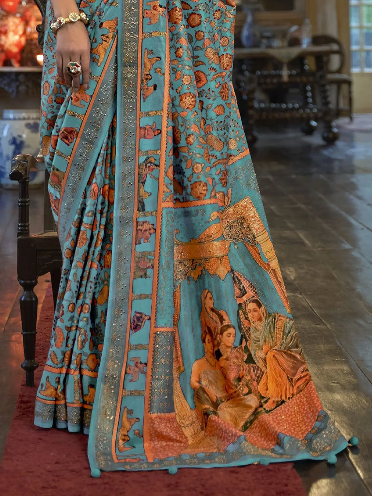 Mesmerizing Sky-Blue Printed Patola Silk Event Wear Saree With Blouse