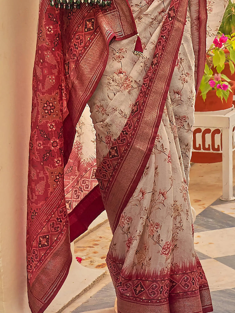 Lovely Grey Floral Printed Chiffon Festival Wear Saree With Blouse
