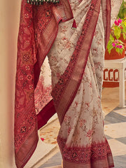 Lovely Grey Floral Printed Chiffon Festival Wear Saree With Blouse