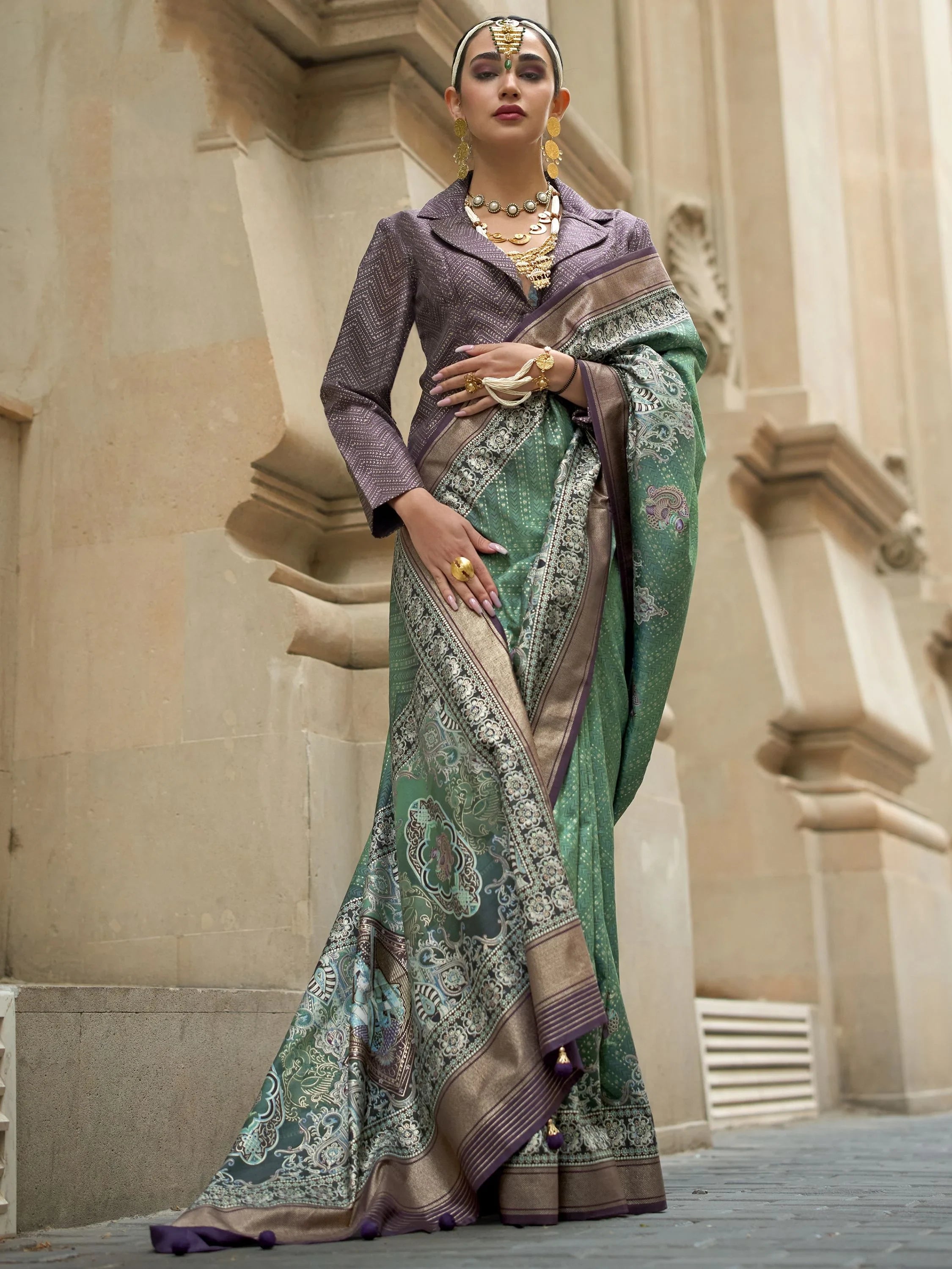 Marvelous Teal Green Digital Print Silk Event Wear Saree With Blouse