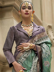 Marvelous Teal Green Digital Print Silk Event Wear Saree With Blouse