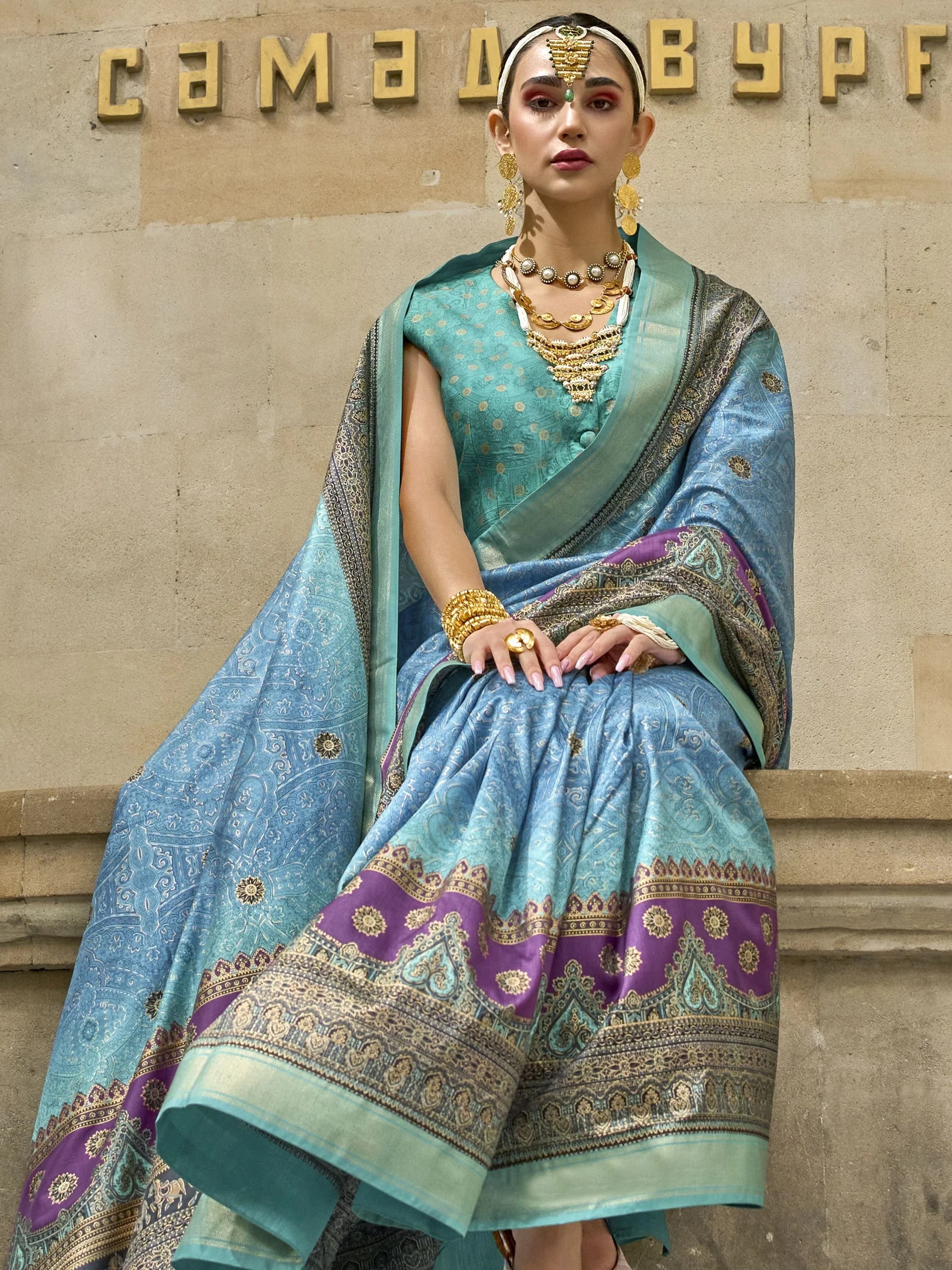 Incredible Sky-Blue Digital Print Silk Festival Wear Saree With Blouse