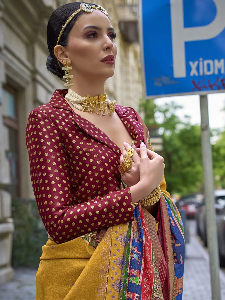 Beautiful Mustard Yellow Digital Printed Silk Haldi Wear Saree With Blouse