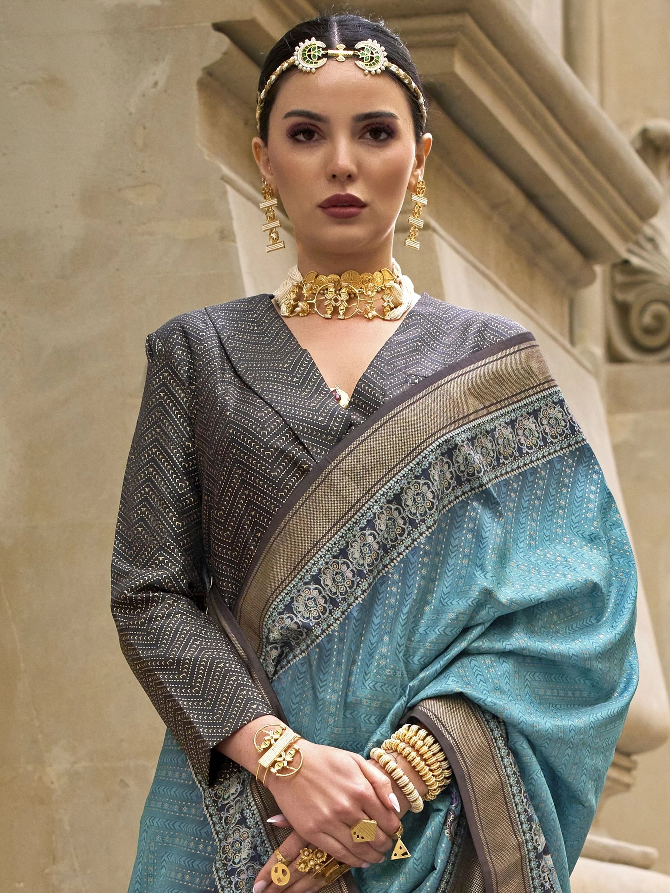 Adorable Teal Blue Digital Printed Silk Traditional Saree With Blouse