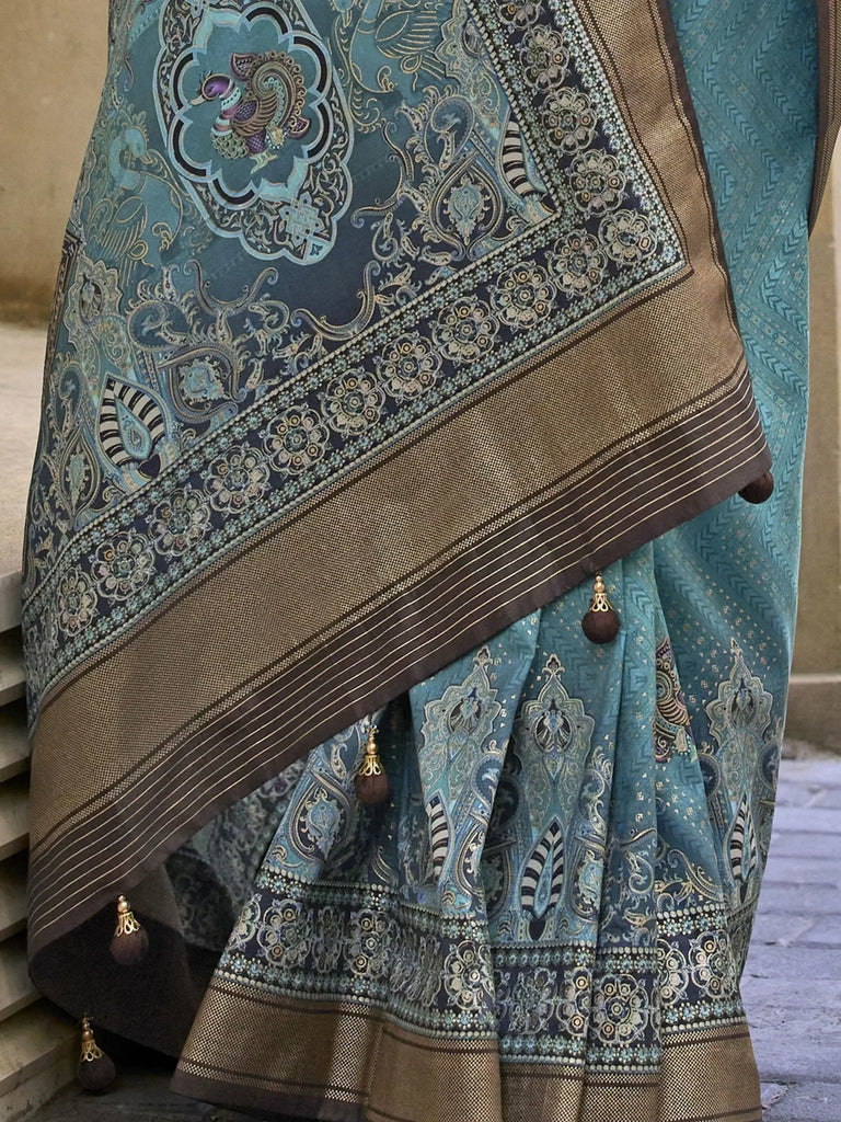 Adorable Teal Blue Digital Printed Silk Traditional Saree With Blouse