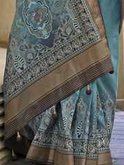 Adorable Teal Blue Digital Printed Silk Traditional Saree With Blouse