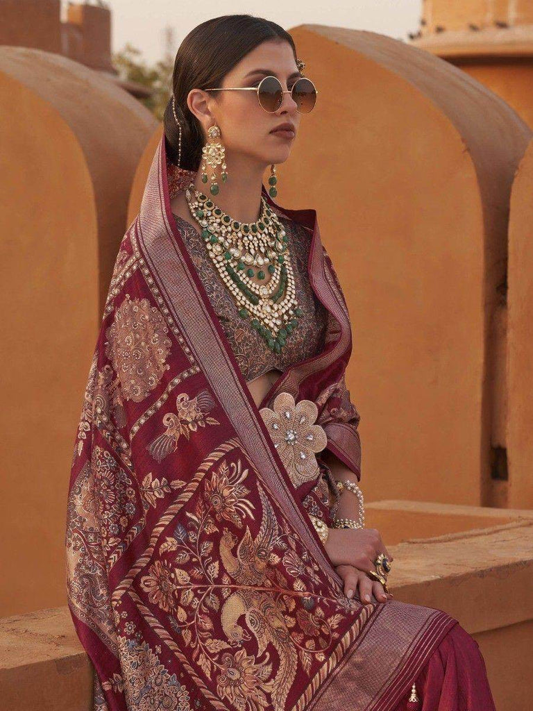 Gorgeous Maroon Digital Printed Silk Wedding Wear Saree With Blouse