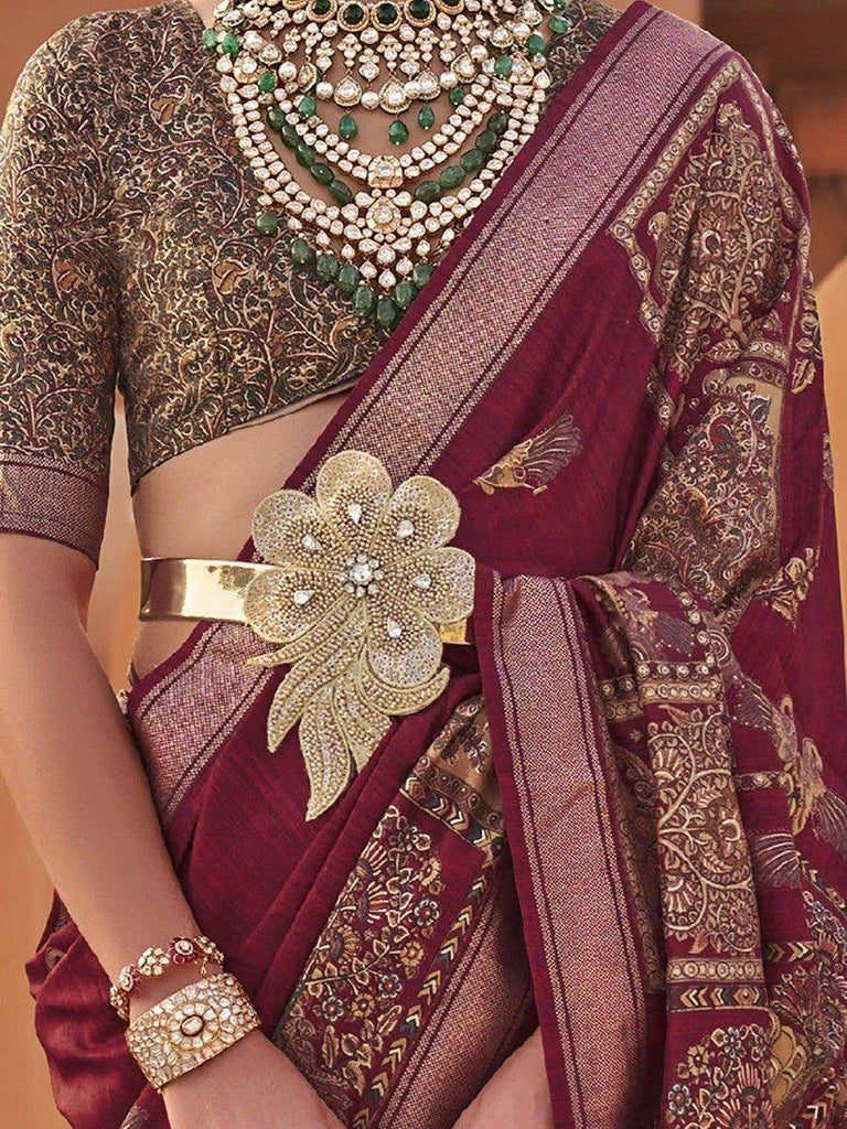 Gorgeous Maroon Digital Printed Silk Wedding Wear Saree With Blouse