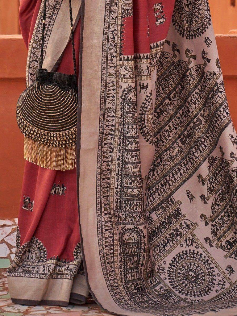 Attractive Dusty Red Digital Printed Silk Traditional Saree With Blouse