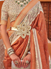Awesome Orange Digital Printed Silk Reception Wear Saree With Blouse