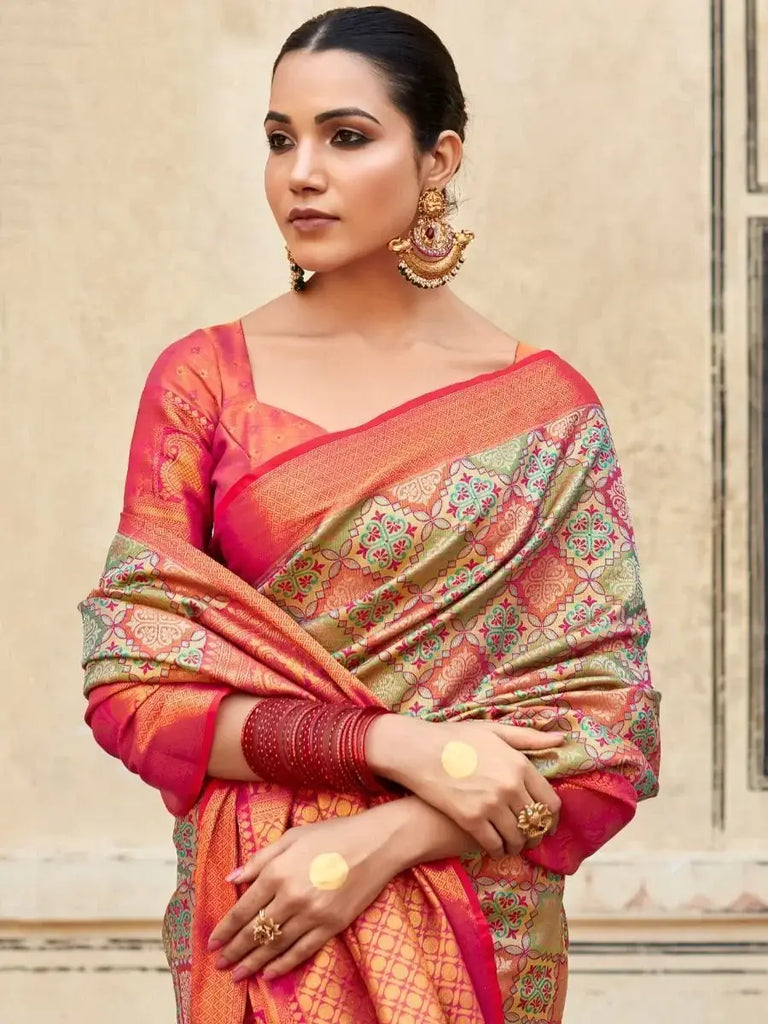 Dazzling Green & Pink Zari Weaving Silk Wedding Wear Saree With Blouse