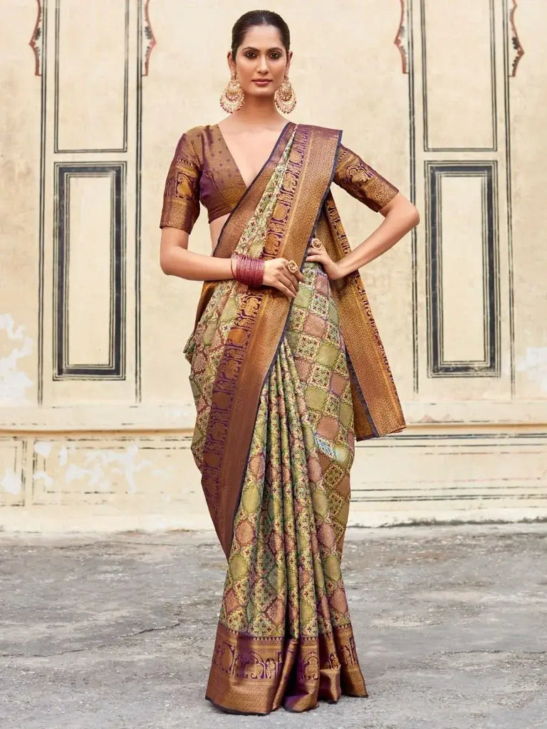 Astonishing Green Zari Woven Silk Mehendi Wear Saree With Blouse