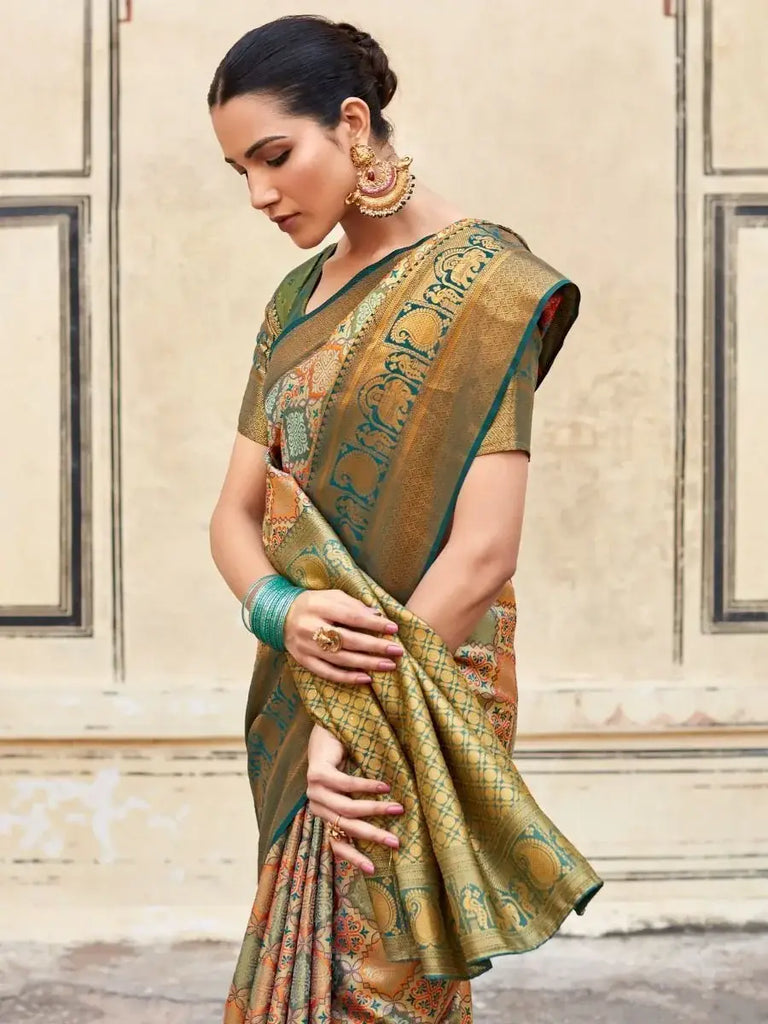 Attractive Green & Cream Zari Weaving Silk Festival Wear Saree