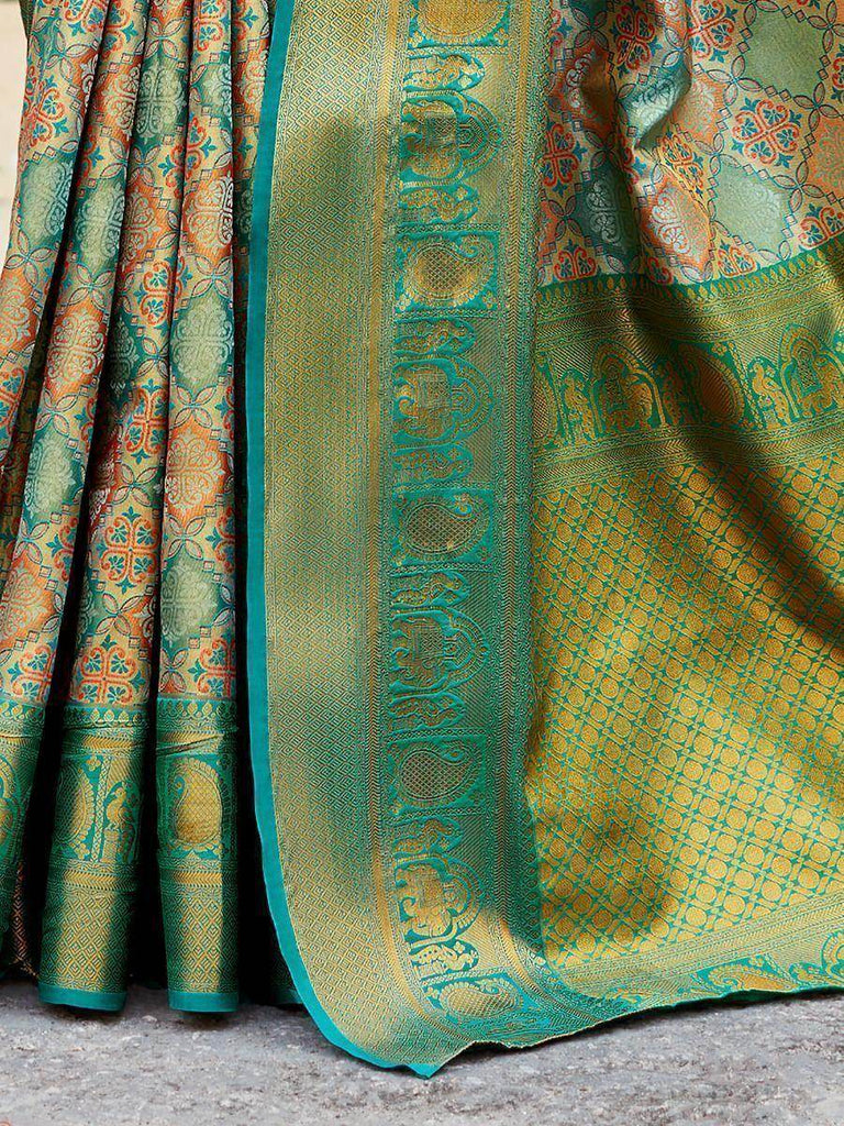 Beautiful Sage Green Zari Weaving Silk Wedding Wear Saree With Blouse