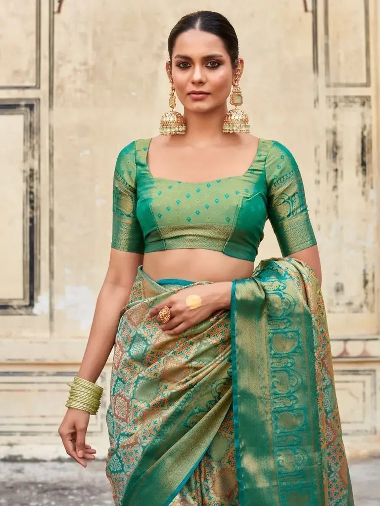Beautiful Sage Green Zari Weaving Silk Wedding Wear Saree With Blouse