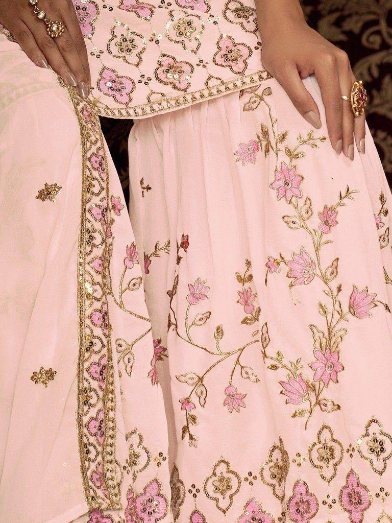 Glamorous Pink Sequins Georgette Wedding Sharara Suit With Dupatta