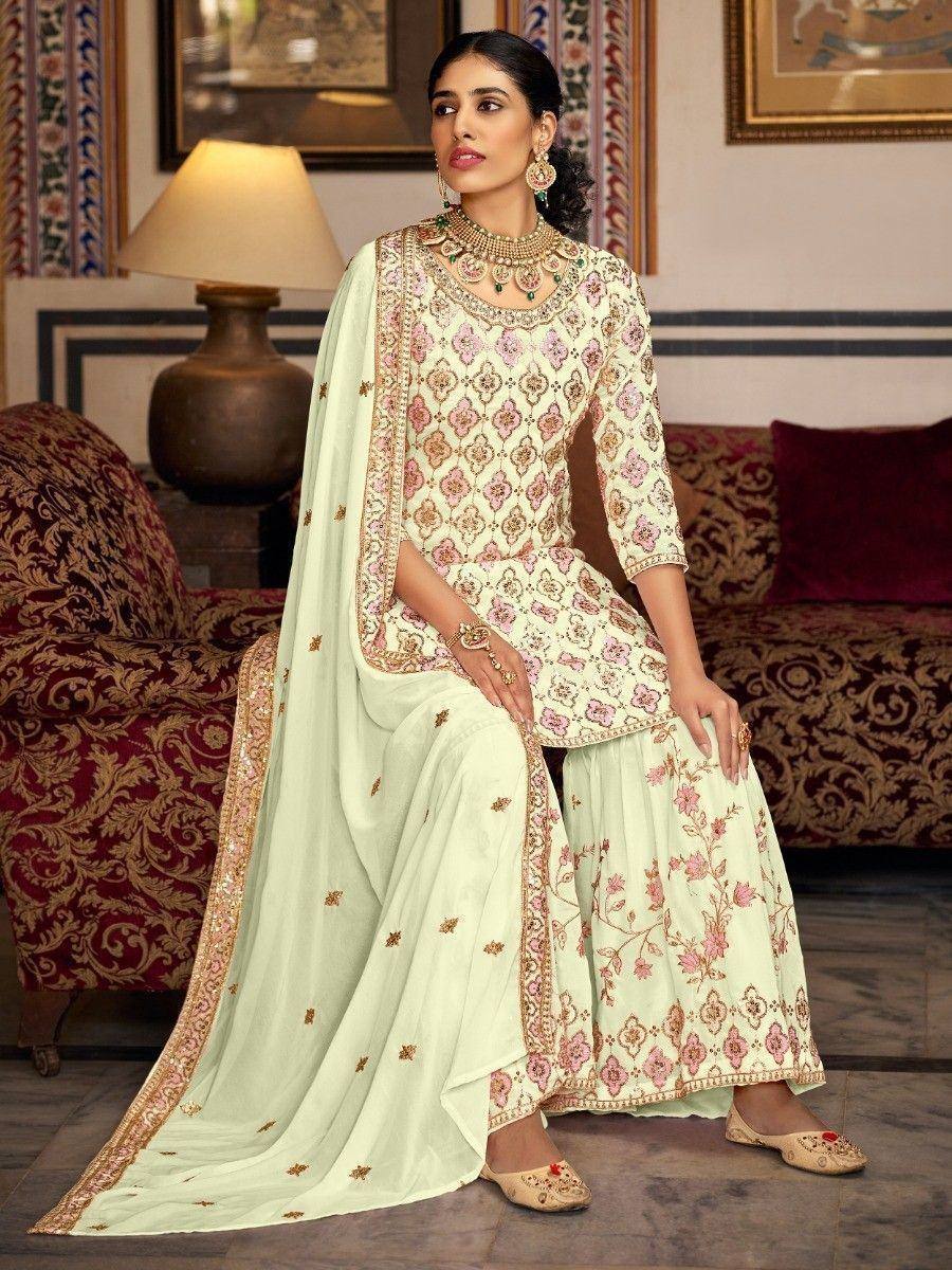 Elegant mint green embroidered sharara suit with floral motifs and gold detailing, perfect for Indian ethnic occasions.