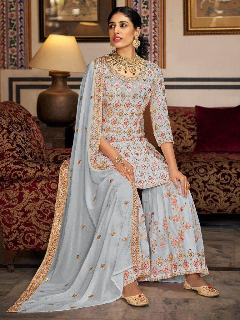 Fascinating Sky-Blue Sequins Georgette Festival Wear Sharara Suit