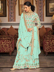 Enchanting Sea Green Sequins Georgette Traditional Sharara Suit