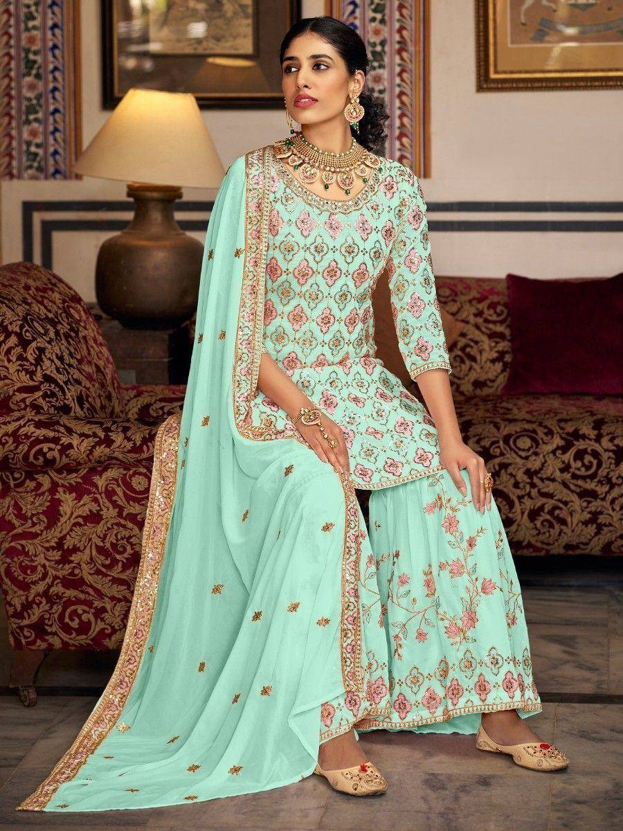 Mint green embroidered salwar kameez with floral motifs and gold detailing, perfect for ethnic occasions