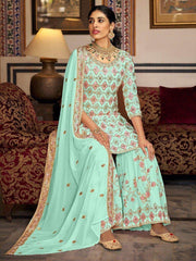 Enchanting Sea Green Sequins Georgette Traditional Sharara Suit