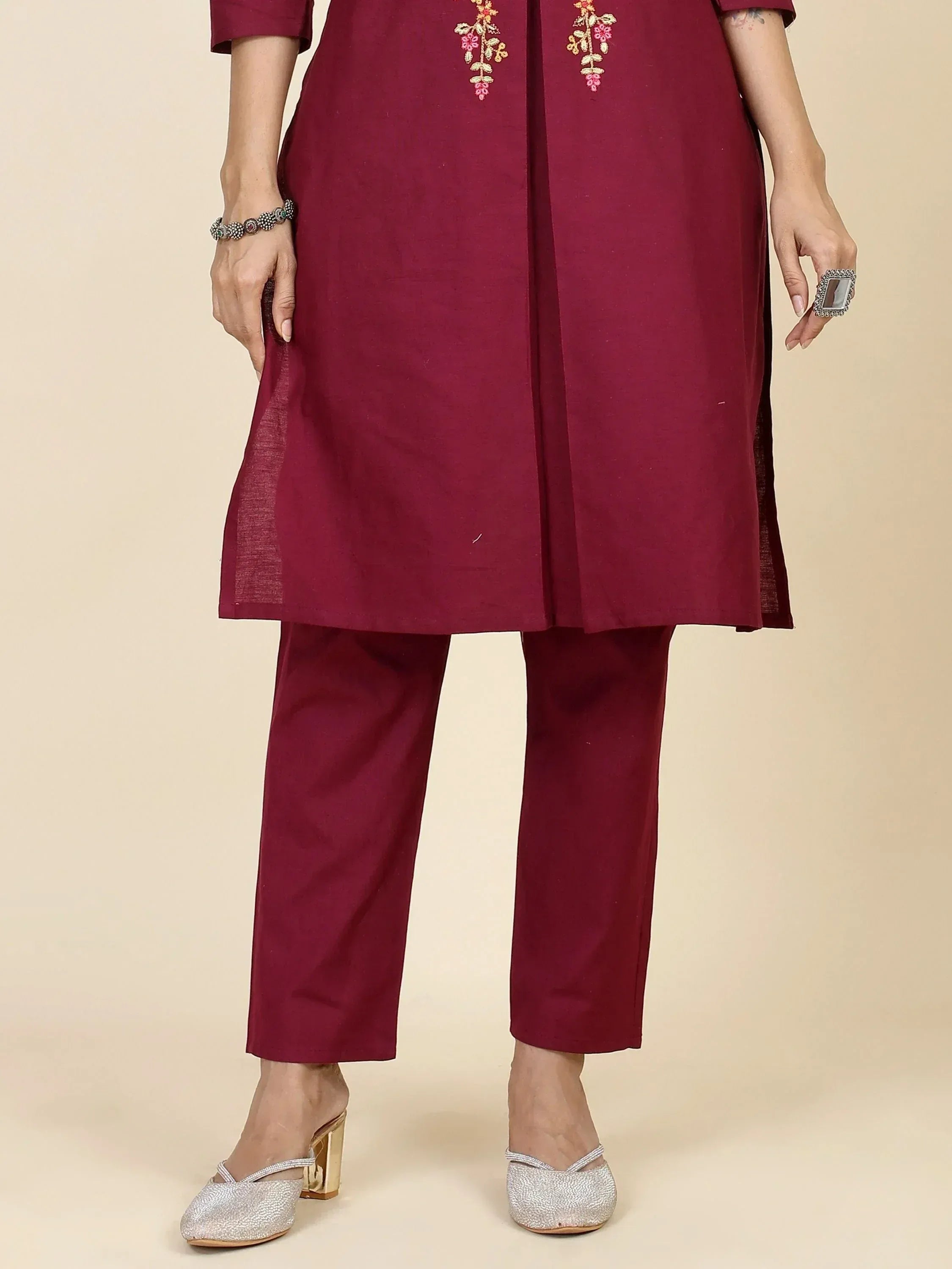 Maroon embroidered kurta with matching pants, Indian ethnic wear for women
