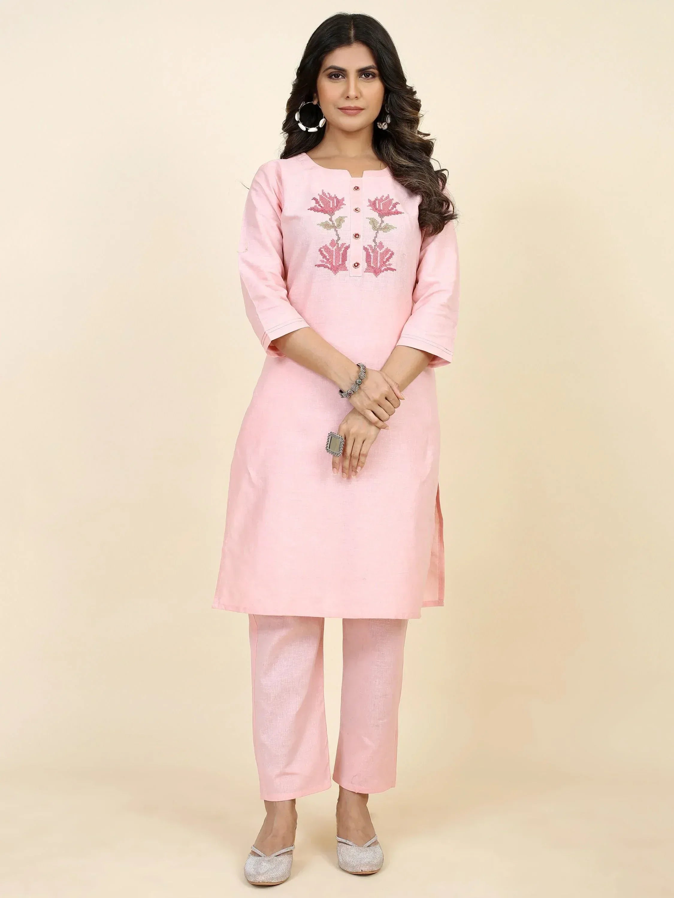 Pink embroidered kurta with matching pants, Indian ethnic wear for women