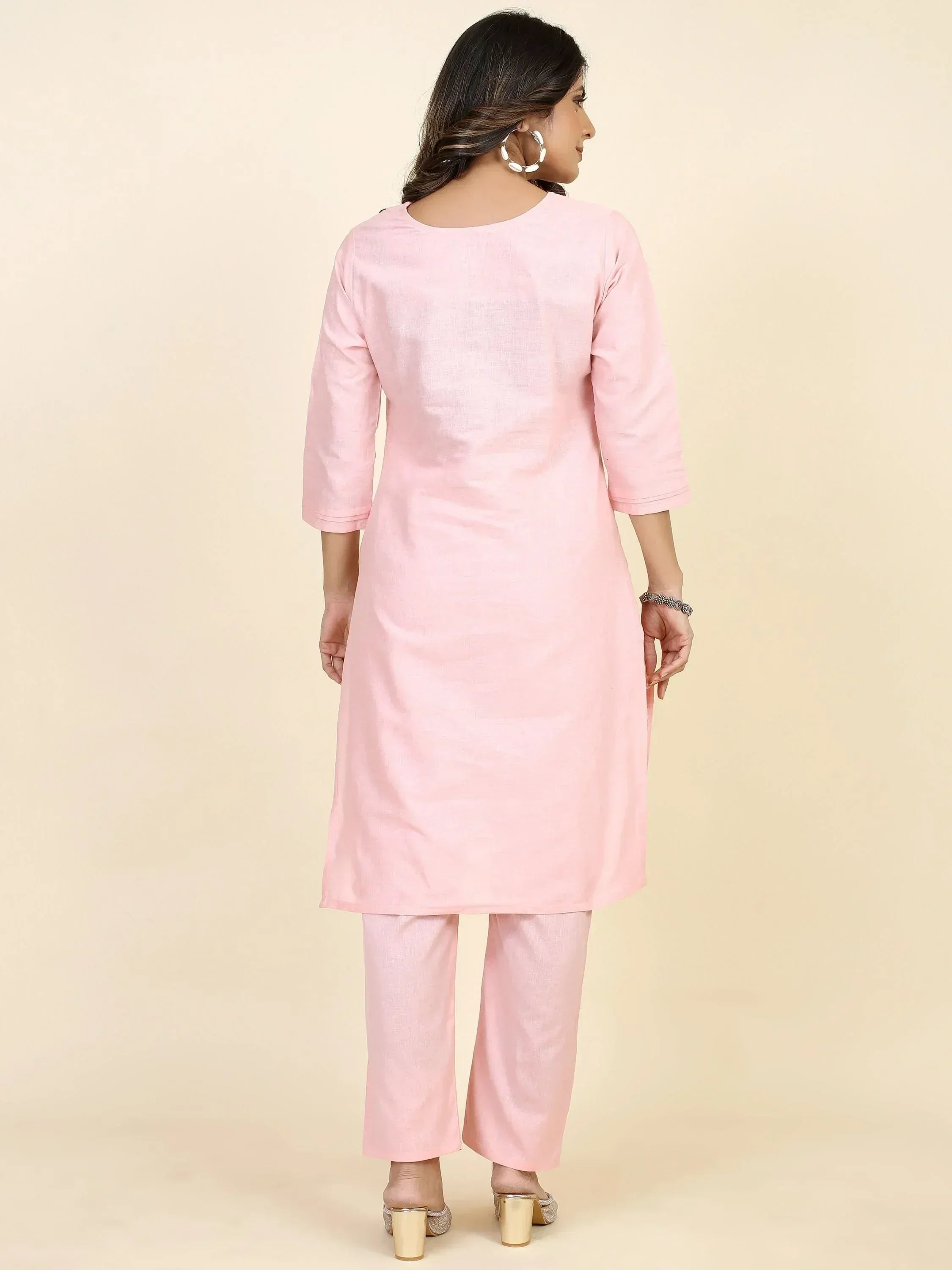Pink linen kurta with matching palazzo pants, ethnic wear for women