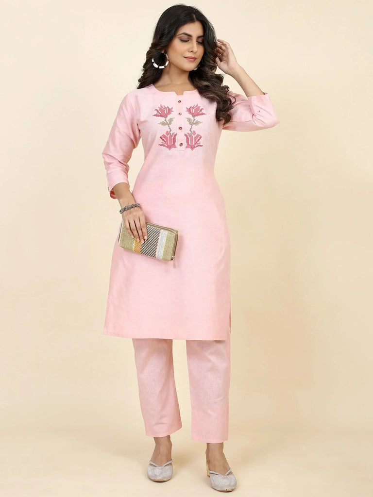 Charming Light Pink Embroidered Silk Casual Wear Kurta With Pant