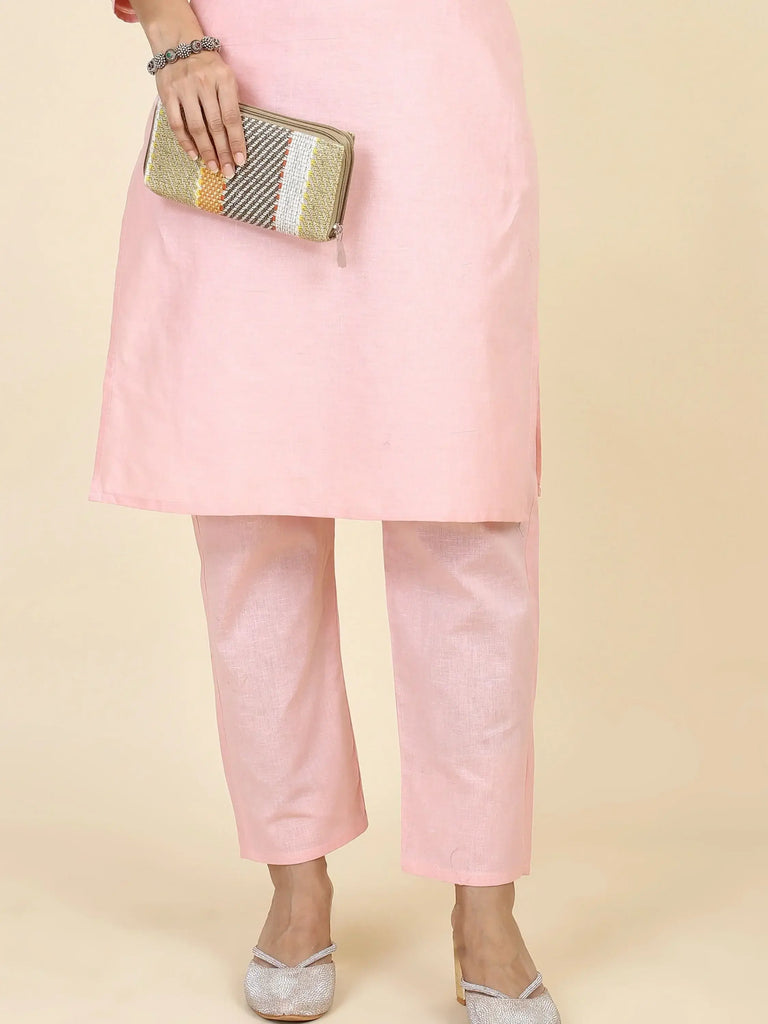 Charming Light Pink Embroidered Silk Casual Wear Kurta With Pant