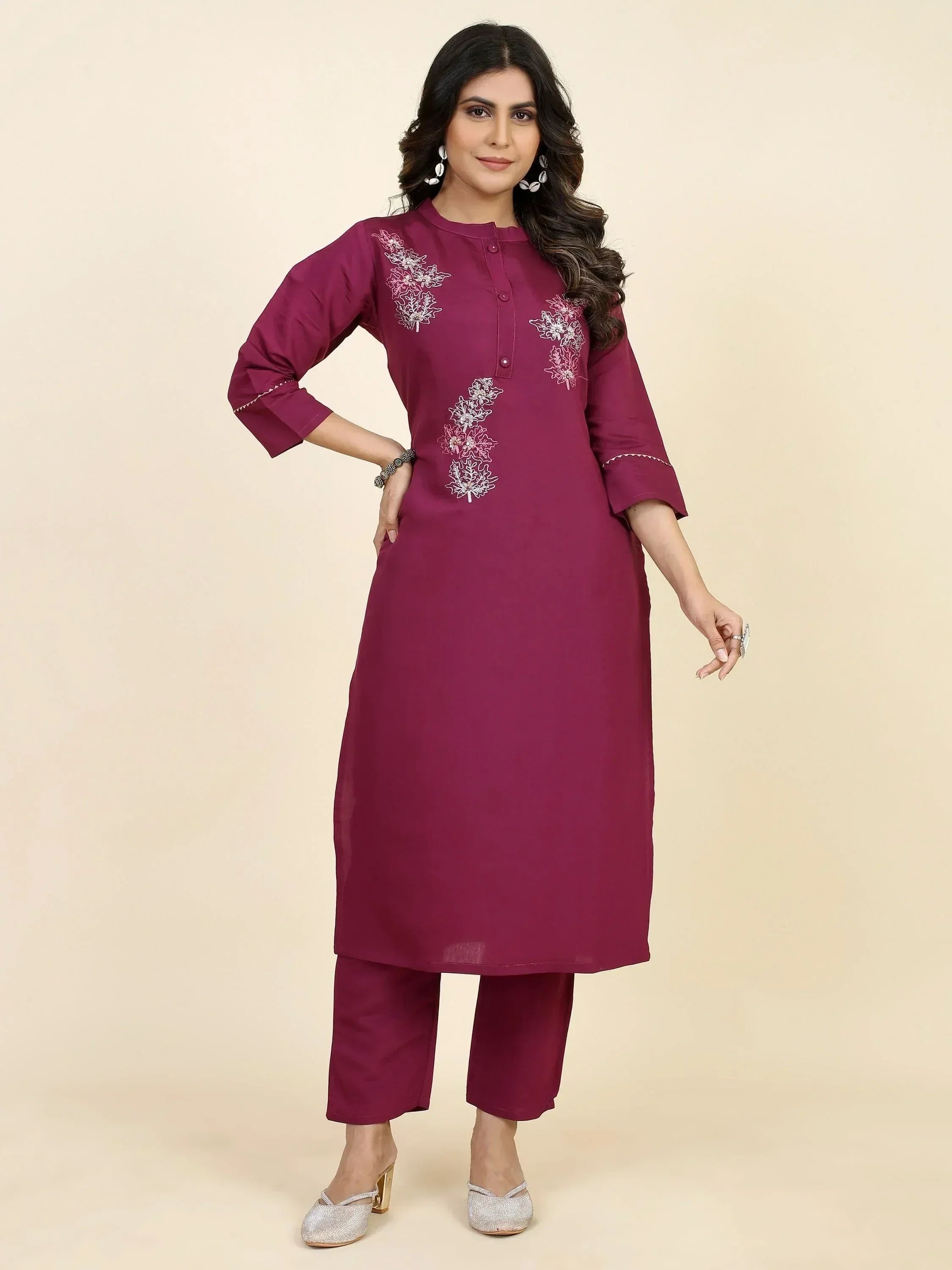 Maroon embroidered kurta with matching pants, Indian ethnic wear for women