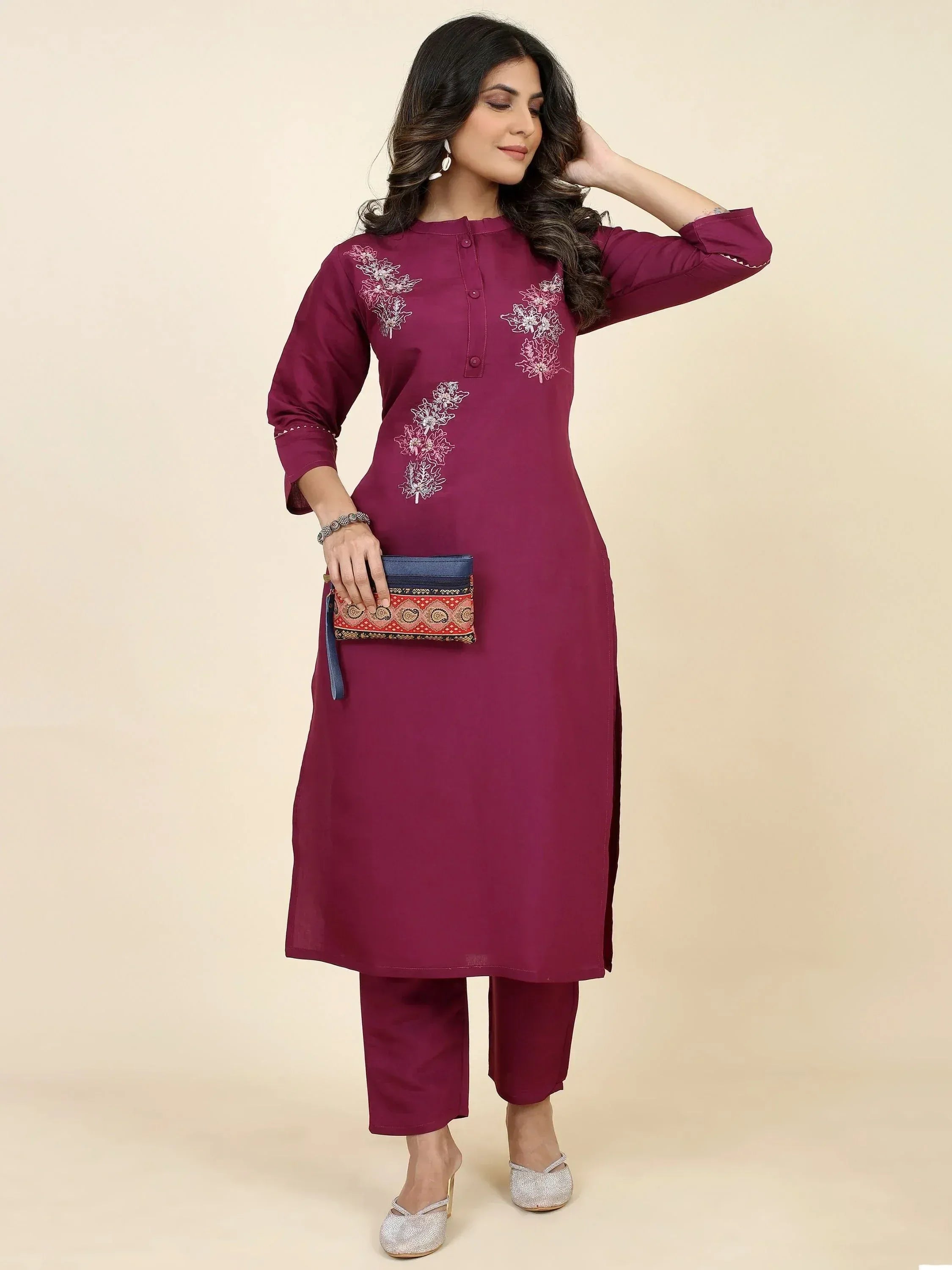 Maroon embroidered kurta with matching pants, ethnic wear for women