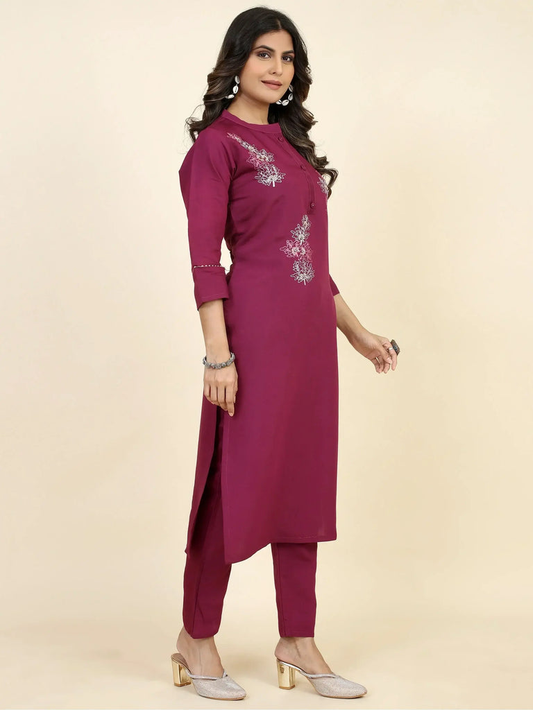Fascinating Dark Pink Embroidered Silk Traditional Kurta With Pant