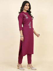 Fascinating Dark Pink Embroidered Silk Traditional Kurta With Pant
